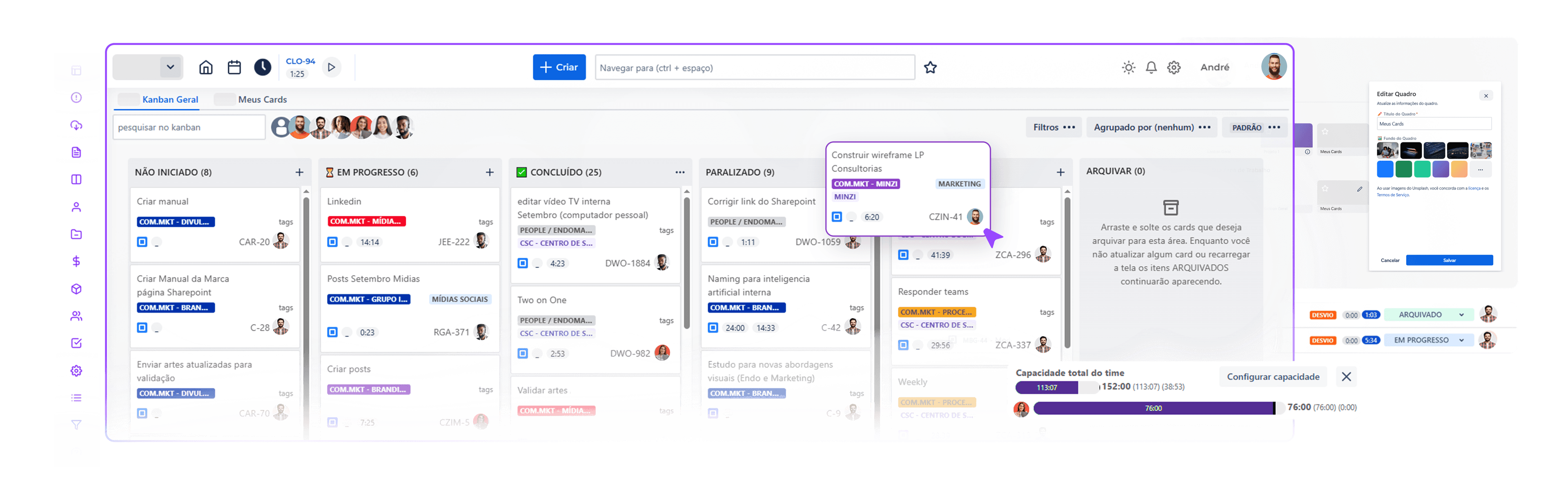 Interface da plataforma Minzi mostrando dashboard com kanban e gestão de projetos