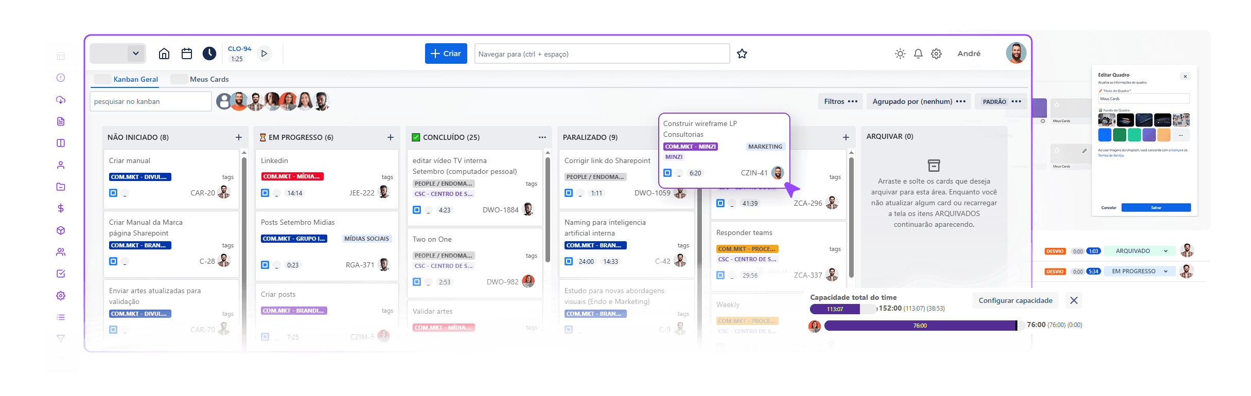 Interface da plataforma Minzi mostrando dashboard com kanban e gestão de projetos